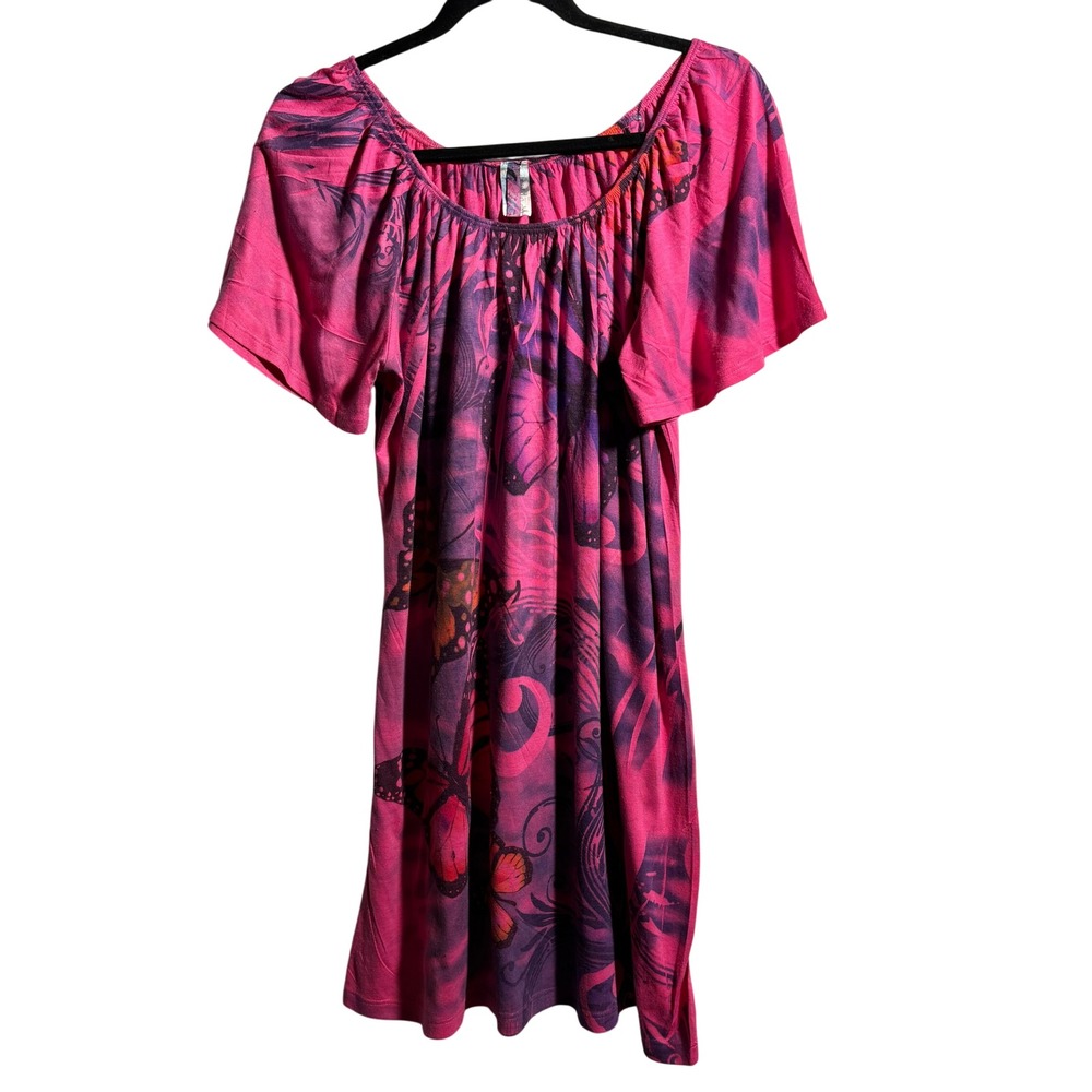 Pink Butterfly Print Gathered Neck Dress Womens XL‎ Y2K Fairy Boho Hippie Grunge